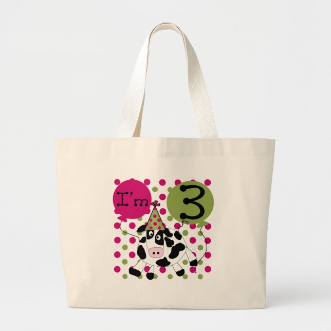 Pink Cow 3rd Birthday Tshirts and Gifts Large Tote Bag (Front)