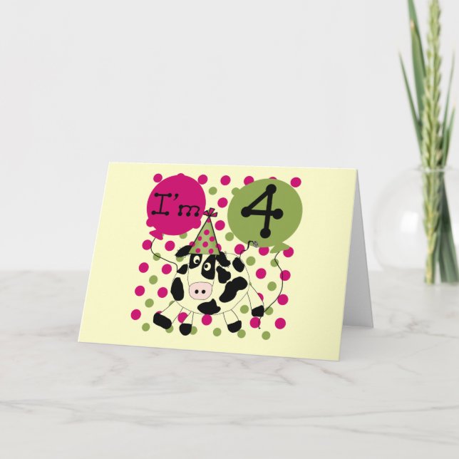 Pink Cow 4th  Birthday Tshirts and Gifts Card (Front)