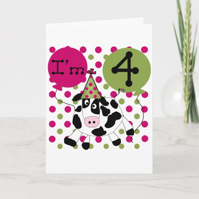 Pink Cow 4th  Birthday Tshirts and Gifts Card (Front)