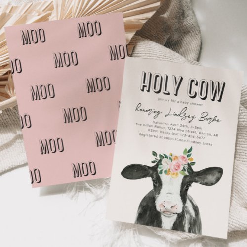 Pink Cow Baby Shower Invitation  Watercolor Cow