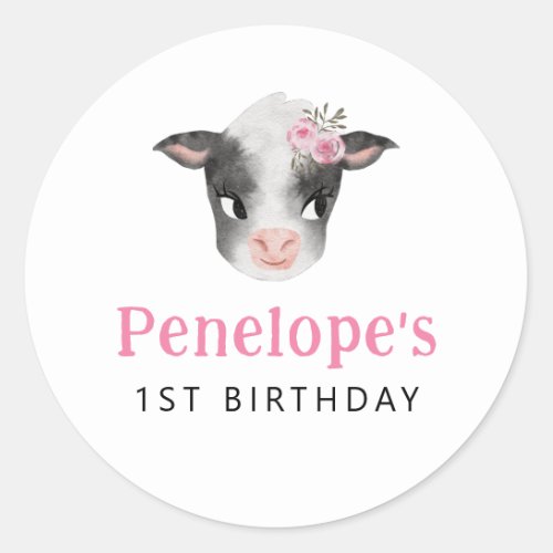 Pink Cow Birthday Party Favor  Classic Round Sticker