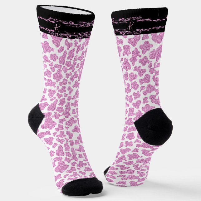 Pink Cow Pattern Initial Name  Socks (Angled)