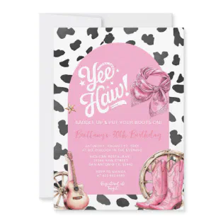 Pink Cow Pattern Western Rustic Cowgirl Birthday  Invitation