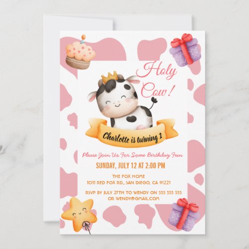 Pink Cow Print 1st Birthday Holly Cow Invitation