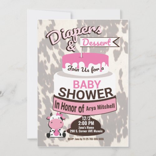 Pink Cow print baby shower invitations 