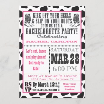 Pink Cow Print Cowgirl Bachelorette Party Invite by aaronsgraphics at Zazzle