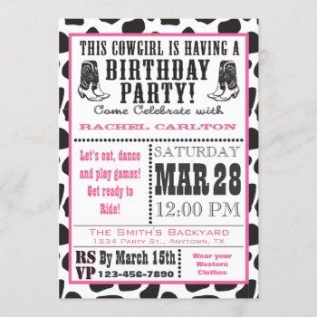 Pink Cow Print Cowgirl Birthday Invitation by aaronsgraphics at Zazzle