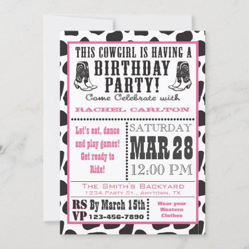 Pink Cow Print Cowgirl Birthday Invitation