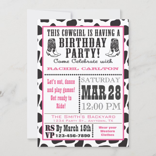 Pink Cow Print Cowgirl Birthday Invitation (Front)