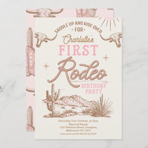 Pink Cow Vintage Desert First Rodeo 1st Birthday  Invitation