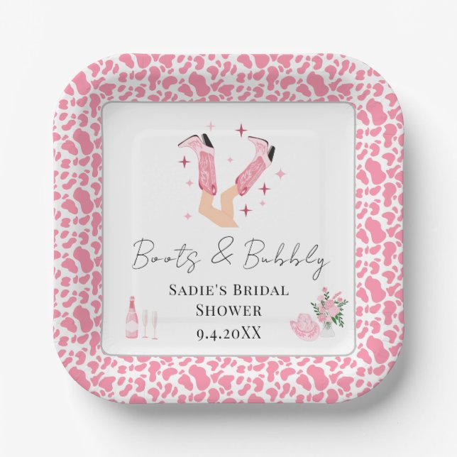 Pink Cowboy Boots & Bubbly Bridal Shower Paper Plates (Front)