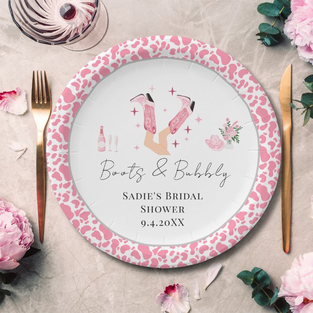 Pink Cowboy Boots & Bubbly Bridal Shower Paper Plates (Creator Uploaded)