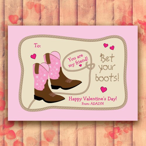 Pink Cowboy Boots Classroom Valentines Day Note Card