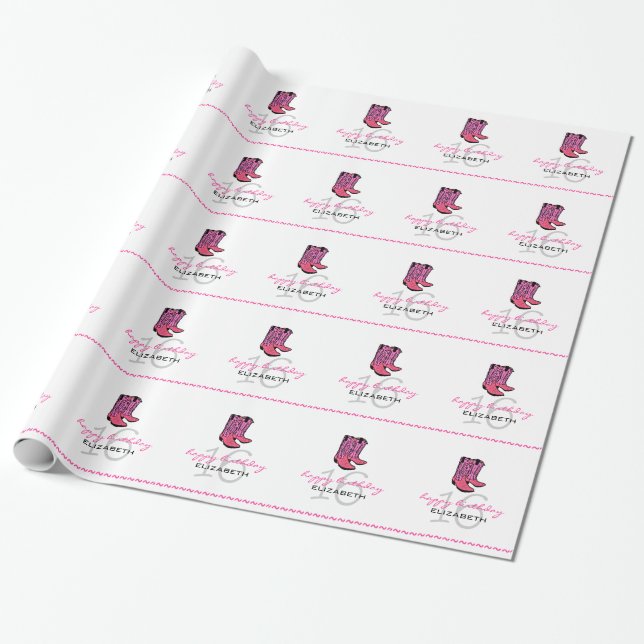 Pink Cowboy Boots-Personalized 16th Birthday Wrapping Paper (Unrolled)