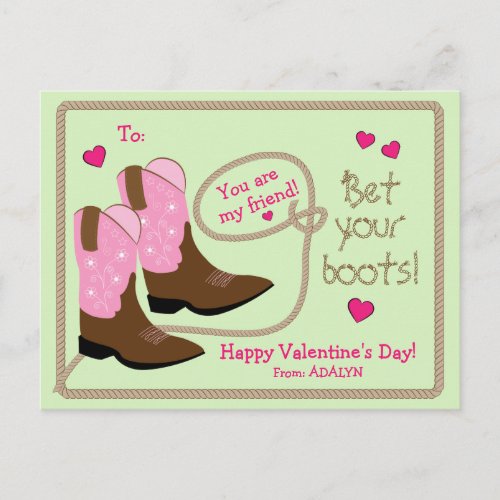 Pink Cowboy Boots Photo Classroom Valentines Day Holiday Postcard