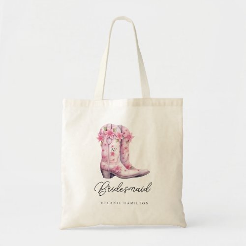 Pink Cowboy Boots Watercolor Floral Bridesmaid Tote Bag
