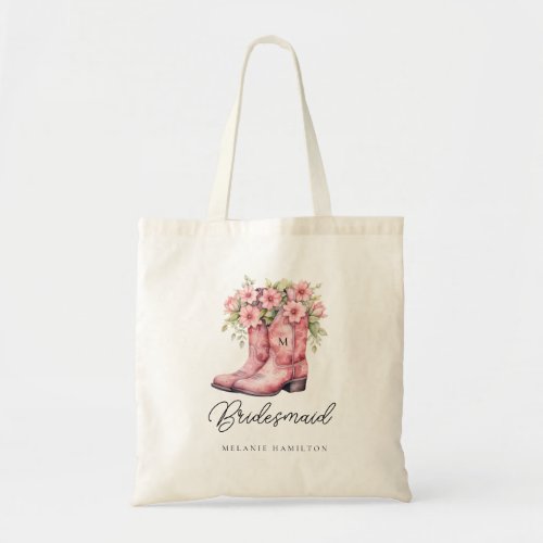 Pink Cowboy Boots Watercolor Floral Bridesmaid Tote Bag