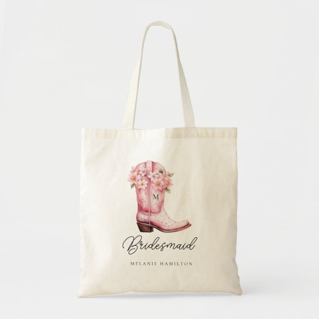 Pink Cowboy Boots Watercolor Floral Bridesmaid Tote Bag (Front)