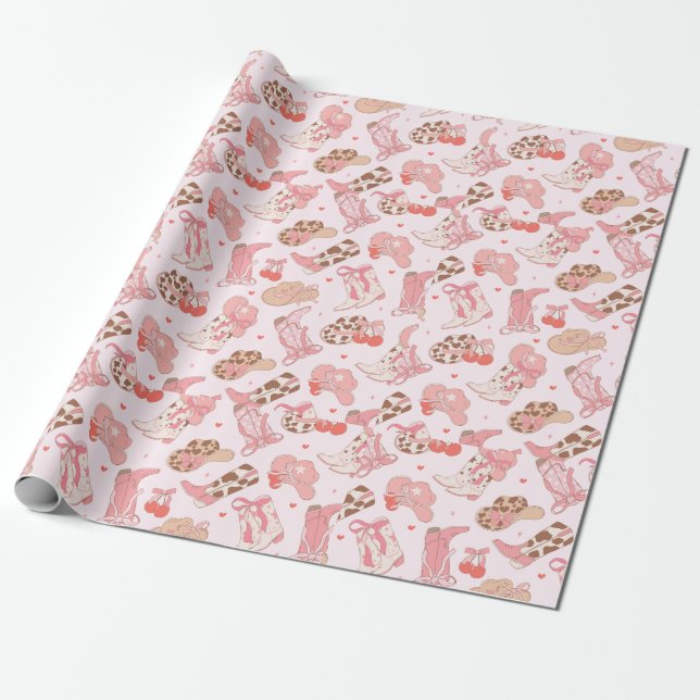 Pink Cowboy Boots Wrapping Paper (Unrolled)