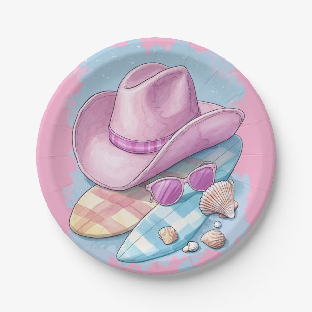Pink Cowboy Hat and Surfboards - Beachy Western  Paper Plates (Front)