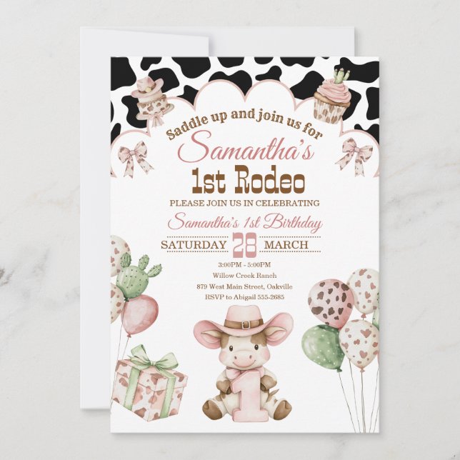 Pink Cowgirl 1st Birthday Invitation | First Rodeo (Front)