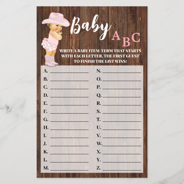 Pink Cowgirl Baby ABC Baby Shower Game Card Flyer (Front)
