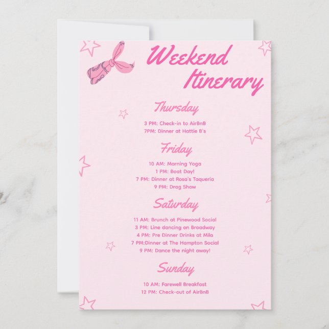 Pink Cowgirl Bachelorette Party Weekend Itinerary Invitation (Front)