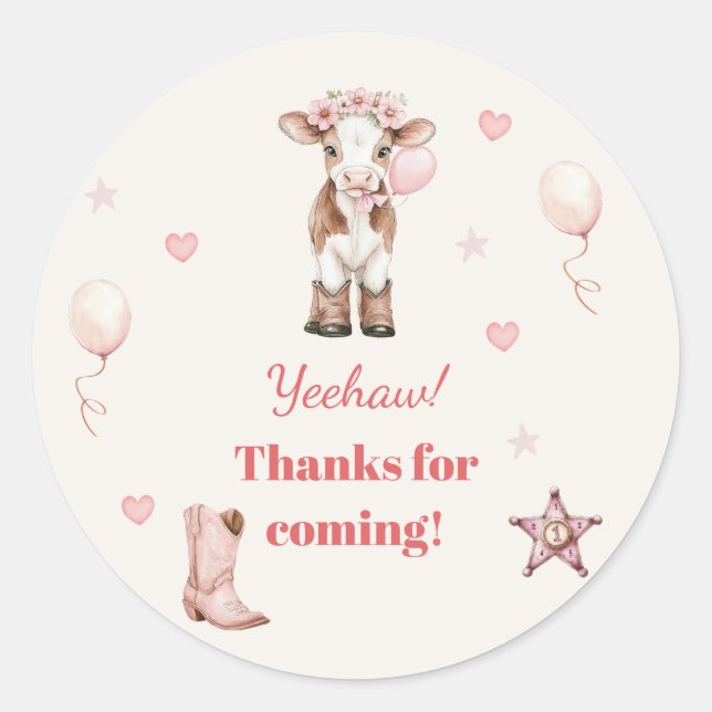 Pink Cowgirl Birthday | Farm Theme 1st  Classic Round Sticker (Front)
