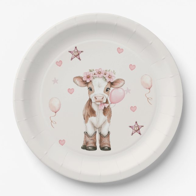 Pink Cowgirl Birthday | Farm Theme 1st  Paper Plates (Front)