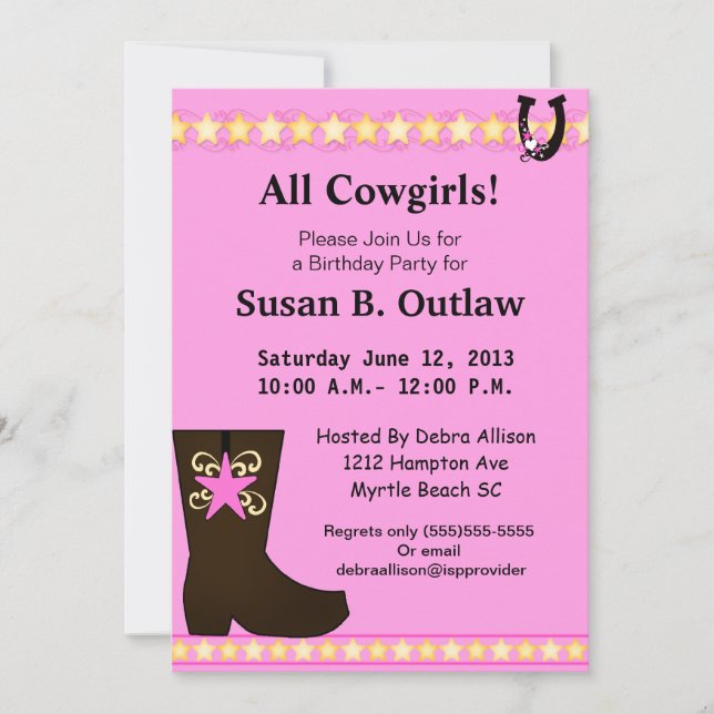 Pink Cowgirl Birthday Invitation (Front)