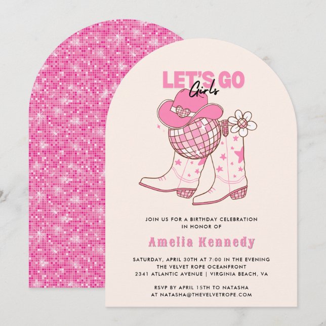 Pink Cowgirl Birthday Party Lets Go Girls Retro Invitation (Front/Back)