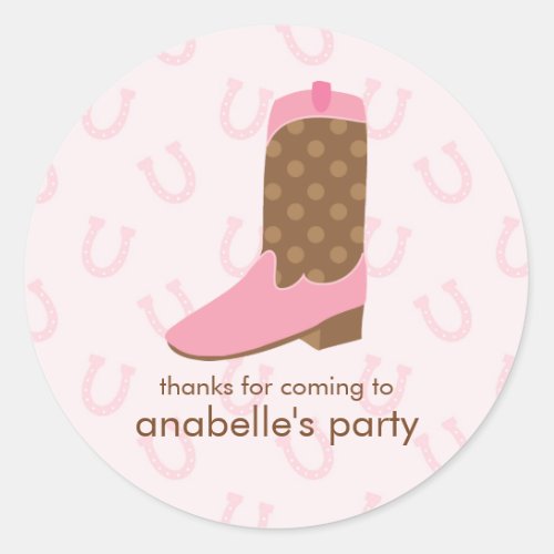 Pink Cowgirl Boot Birthday Party Classic Round Sticker