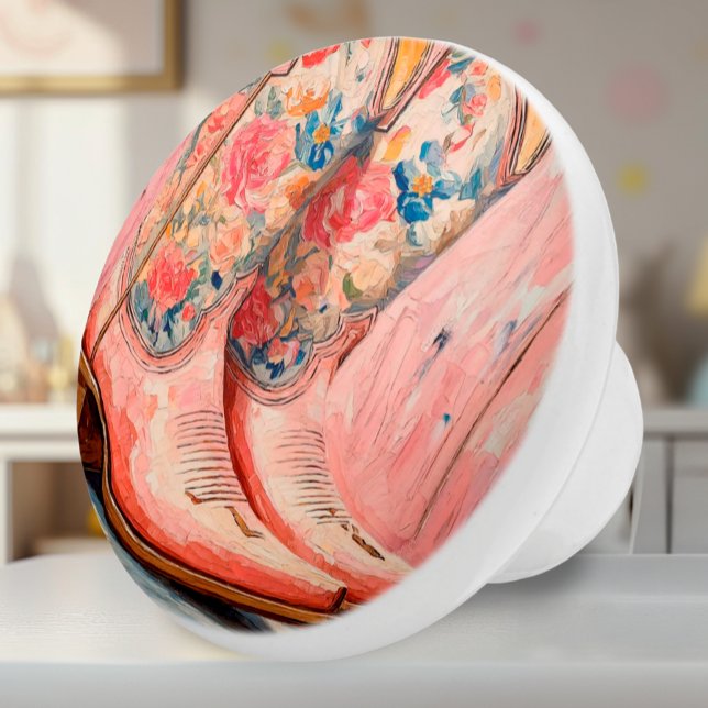 Pink Cowgirl Boots Ceramic Knob (Ceramic Knob - Artsy Painted Pink Floral Boots - Decor Accent for Girls Western Room)