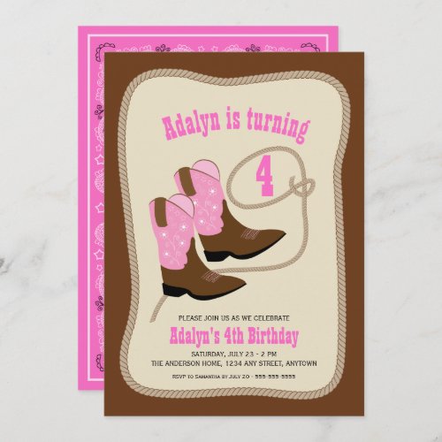 Pink Cowgirl Boots  Girls Western Birthday Party Invitation