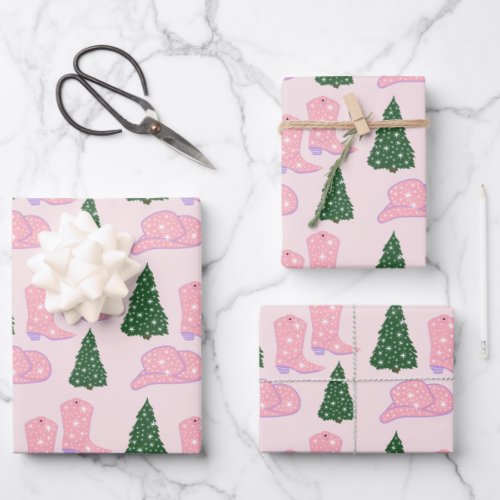 Pink Cowgirl Boots Hat Christmas Tree Wrapping Paper Sheets