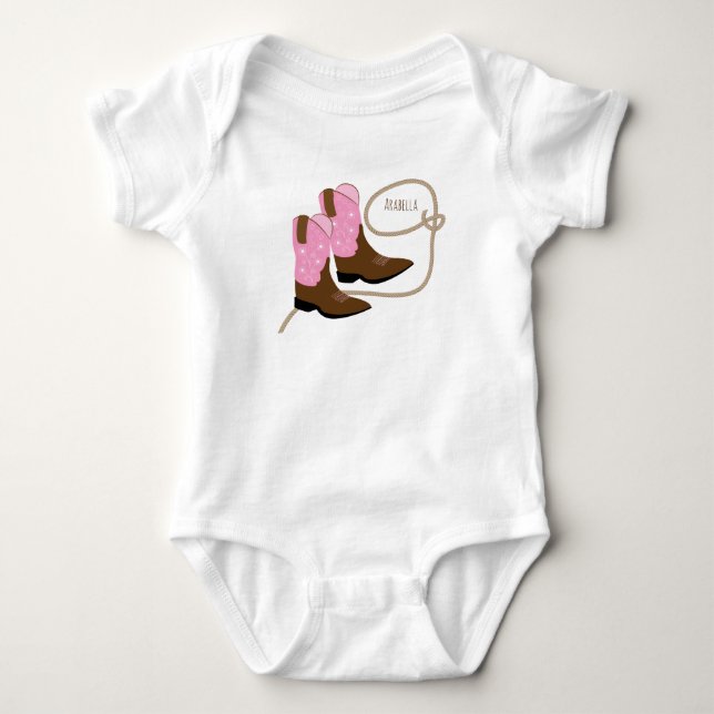 Pink Cowgirl Boots & Lasso Rope, Personalized Baby Bodysuit (Front)