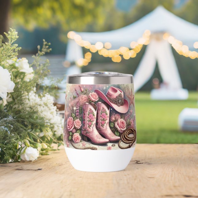 Pink Cowgirl Boots & Roses Western Style Thermal Wine Tumbler (Wedding (Rotated))