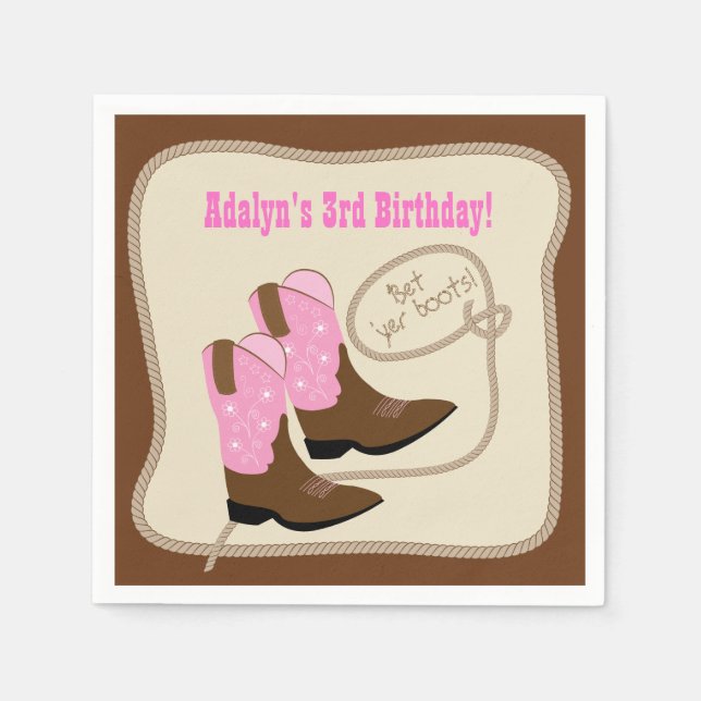 Pink Cowgirl Boots Western Birthday Party Napkins (Front)
