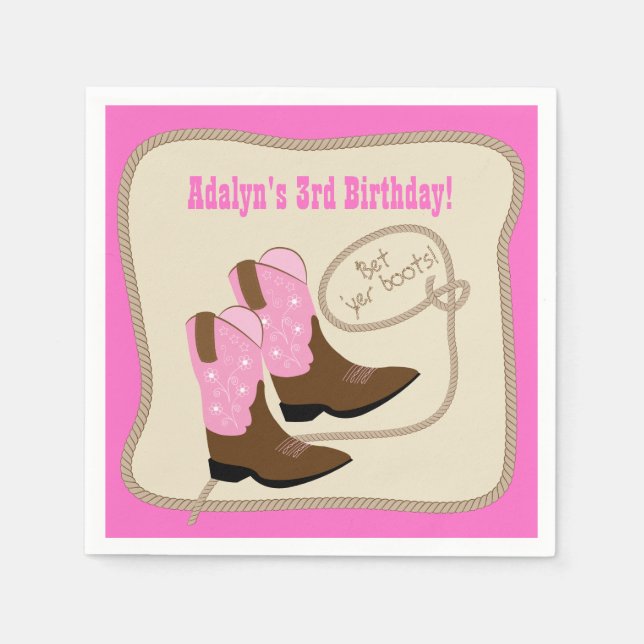 Pink Cowgirl Boots Western Birthday Party Napkins (Front)