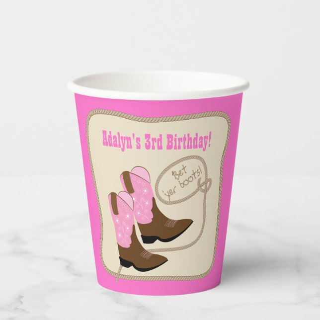 Pink Cowgirl Boots Western Birthday Party Paper Cu Paper Cups (Front)
