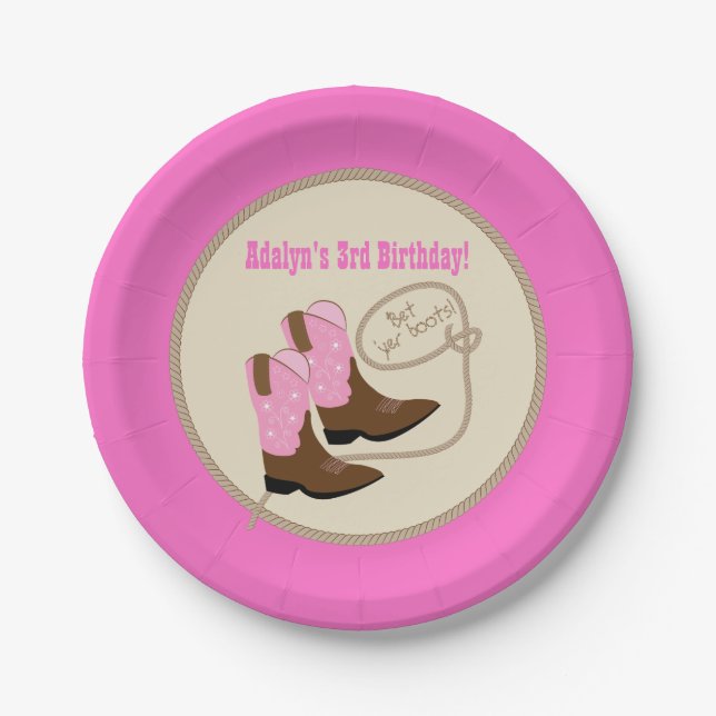 Pink Cowgirl Boots Western Birthday Party Paper Plates (Front)