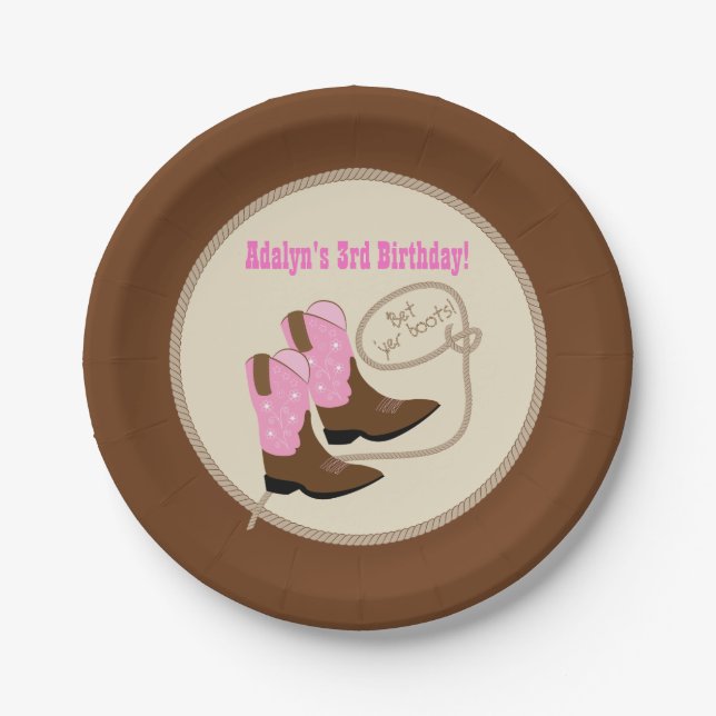 Pink Cowgirl Boots Western Birthday Party Paper Plates (Front)