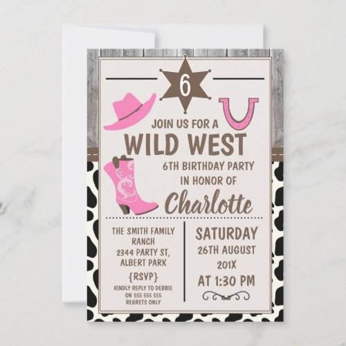 Pink Cowgirl Boots Wild West Birthday Invitation