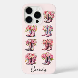 Pink Cowgirl Boots with Flowers Monogrammed iPhone 16 Pro Case