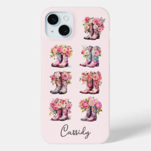 Pink Cowgirl Boots with Flowers Monogrammed iPhone 15 Plus Case