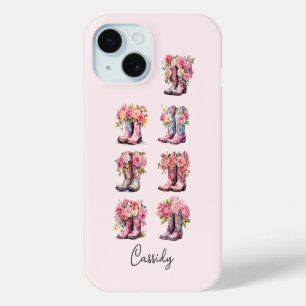 Pink Cowgirl Boots with Flowers Monogrammed iPhone 15 Case