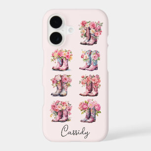 Pink Cowgirl Boots with Flowers Monogrammed iPhone 17 Case