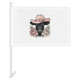 Pink Cowgirl Calf with Peonies Vintage Vector_1 Car Flag