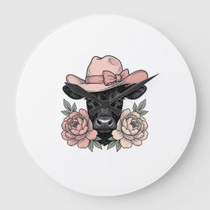 Pink Cowgirl Calf with Peonies Vintage Vector_1 Large Clock