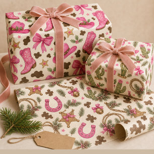 Pink Cowgirl Christmas Cactus Bows Western Wrapping Paper Sheets